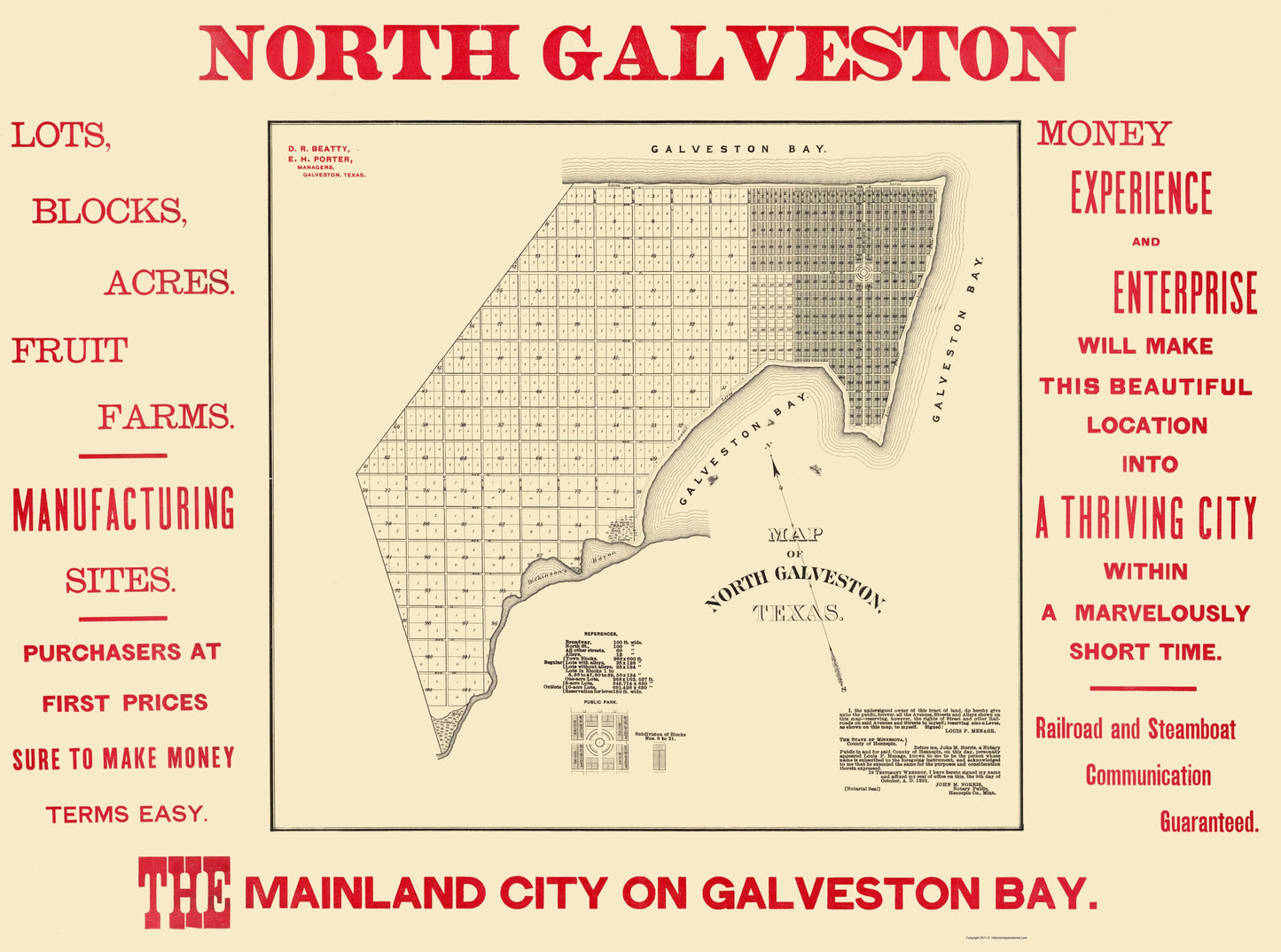 Historic City Map - Galveston Texas North Plat - 1891 - 23 x 30.94 - Vintage Wall Art