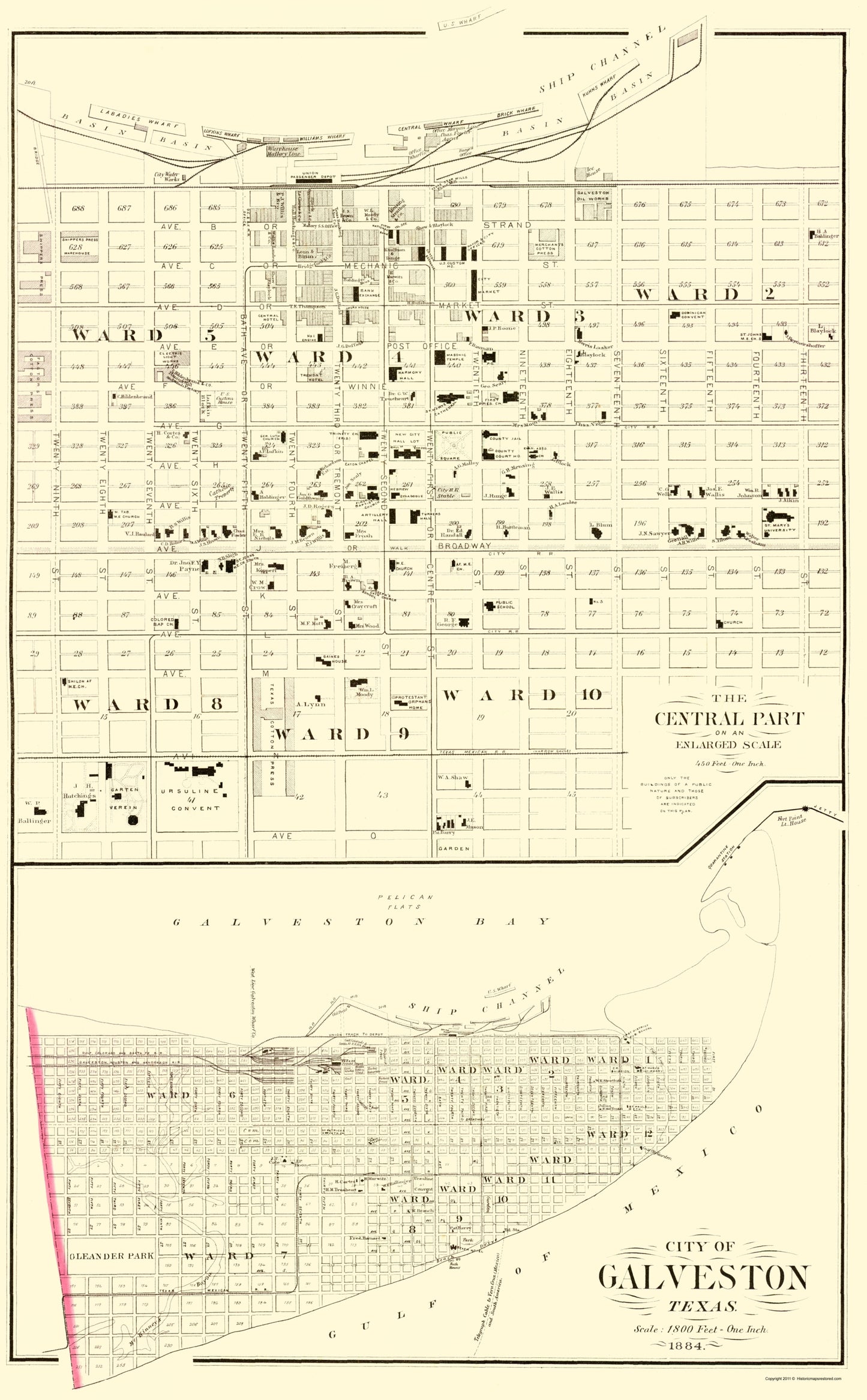 Historic City Map - Galveston Texas - Gray 1884 - 23 x 37.13 - Vintage Wall Art