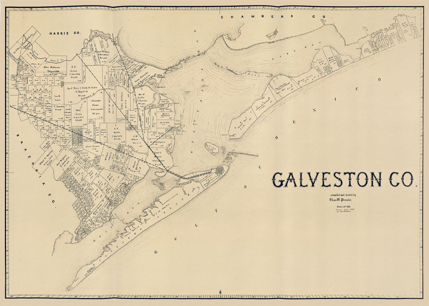 Historic County Map - Galveston County Texas - Pressler 1891 - 32.23 x 23 - Vintage Wall Art