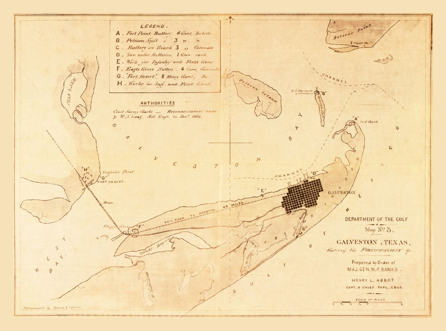 Historic City Map - Galveston Texas Fortifications - Abbot 1862 - 31.01 x 23 - Vintage Wall Art