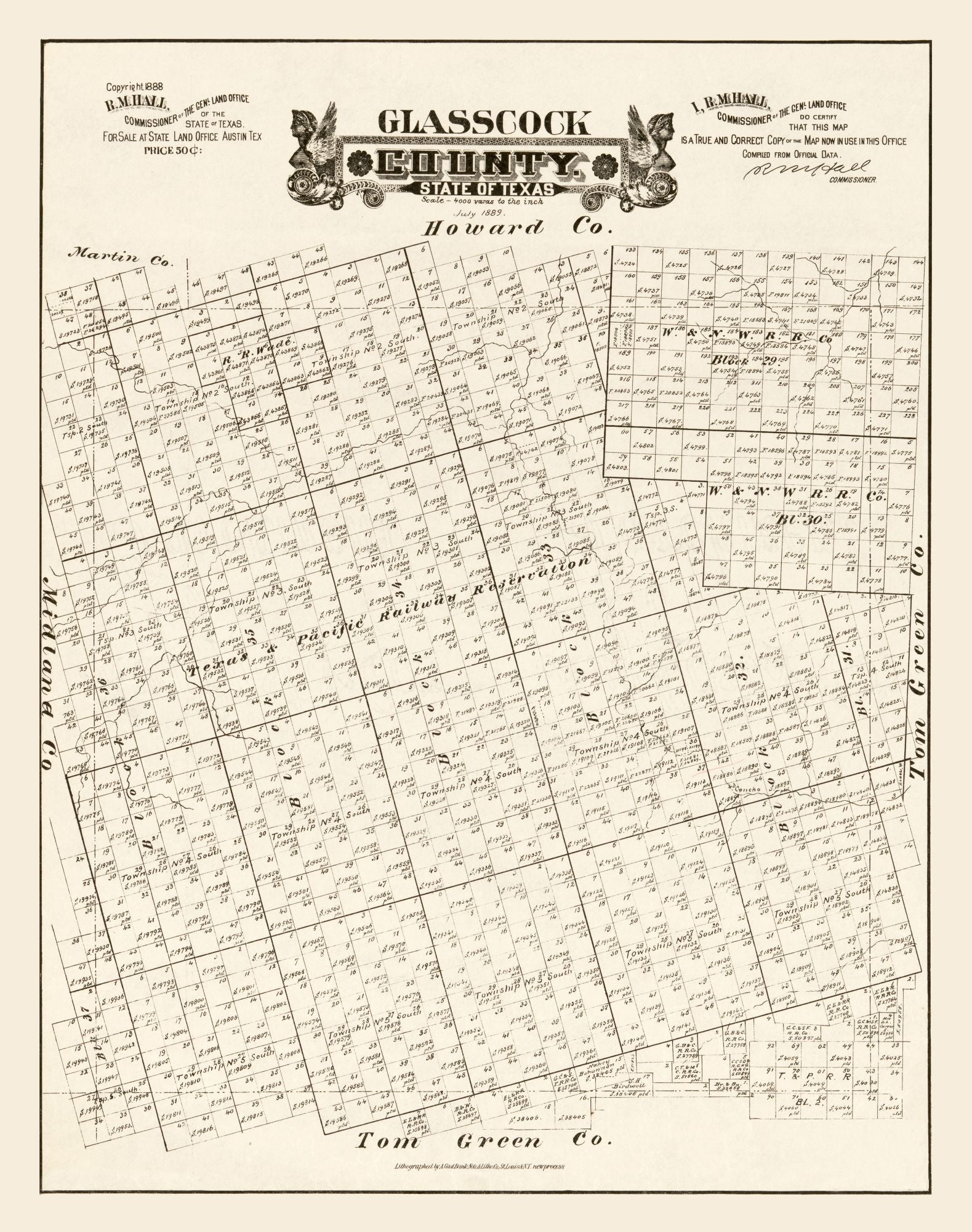 Historic County Map - Glasscock County Texas - Hall 1889 - 23 x 29.13 ...