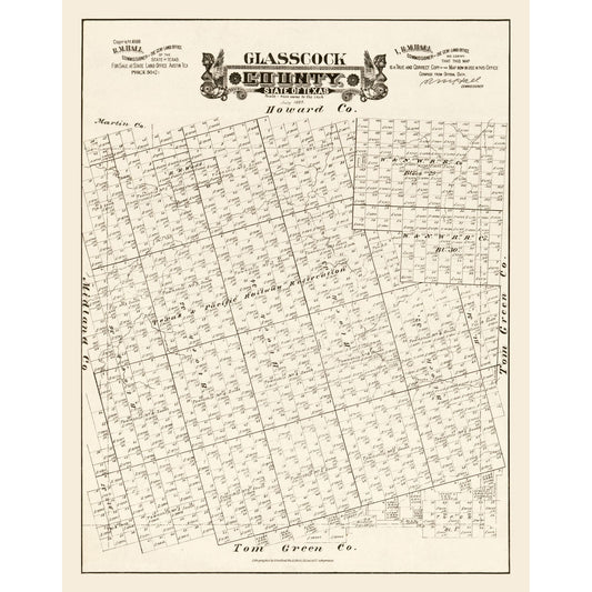 Historic County Map - Glasscock County Texas - Hall 1889 - 23 x 29.13 - Vintage Wall Art