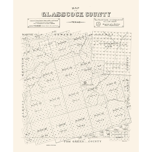 Historic County Map - Glasscock County Texas - General Land Office 1890 - 23 x 27.82 - Vintage Wall Art