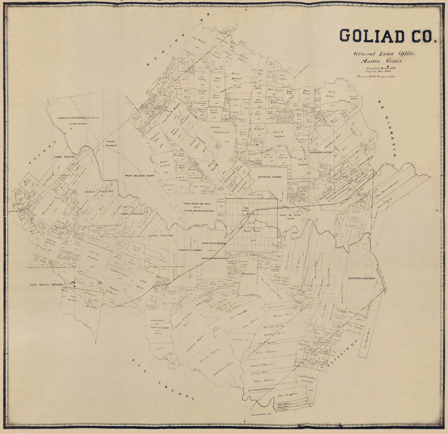 Historic County Map - Goliad County Texas - General Land Office 1896 - 23.74 x 23 - Vintage Wall Art