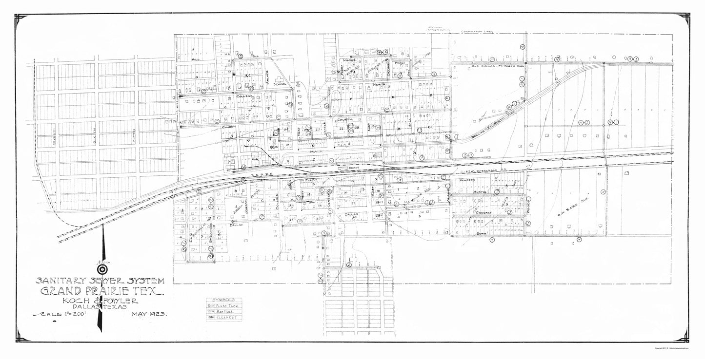 Historic City Map - Grand Prairie Texas Sewer System - Koch 1923 - 23 x 45.08 - Vintage Wall Art