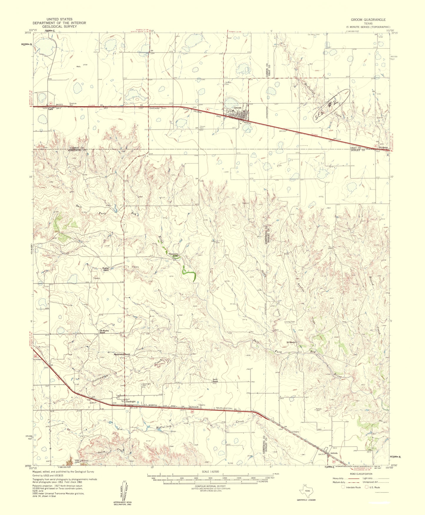 Topographical Map - Groom Texas Quad - USGS 1961 - 23 x 27.87 - Vintage Wall Art