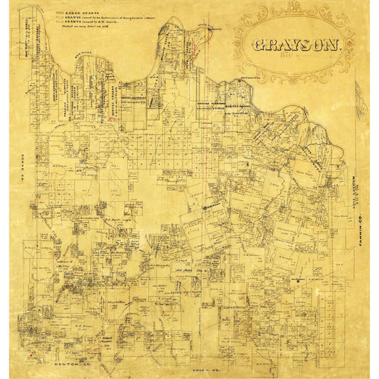Historic County Map - Grayson County Texas - 1853 - 23 x 24.17 - Vintage Wall Art