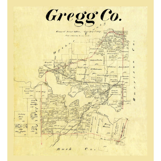 Historic County Map - Gregg County Texas - Cousins 1887 - 23 x 25.30 - Vintage Wall Art