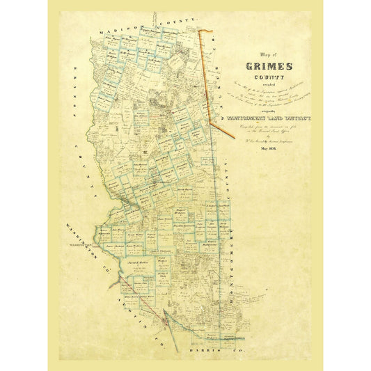 Historic County Map - Grimes County Texas - General Land Office 1858 - 23 x 30.95 - Vintage Wall Art