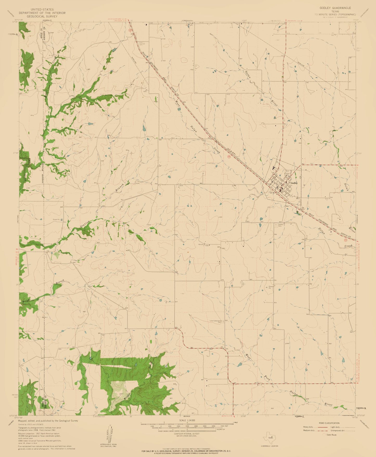 Topographical Map - Godley Texas Quad - USGS 1961 - 23 x 27.95 - Vintage Wall Art