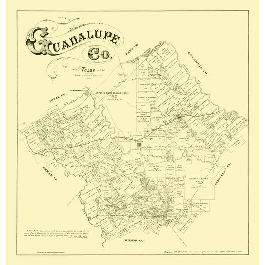 Historic County Map - Guadalupe County Texas - Walsh 1880 - 23 x 24.09 - Vintage Wall Art