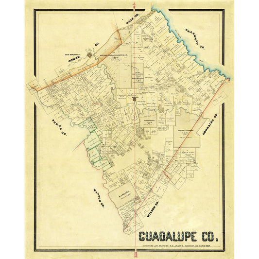 Historic County Map - Guadalupe County Texas - Arlitt 1869 - 23 x 28.42 - Vintage Wall Art
