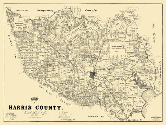 Historic County Map - Harris County Texas - General Land Office 1893 - 30.5 x 23 - Vintage Wall Art