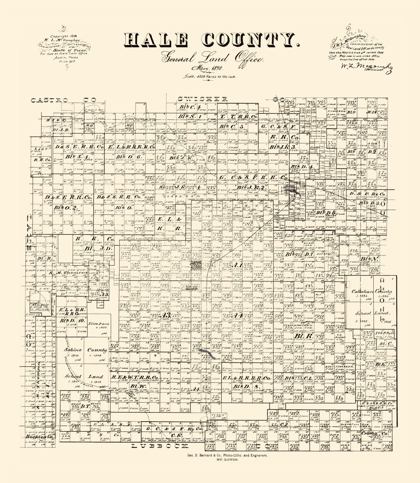 Historic County Map - Hale County Texas - McGaughey 1892 - 23 x 26.41 - Vintage Wall Art