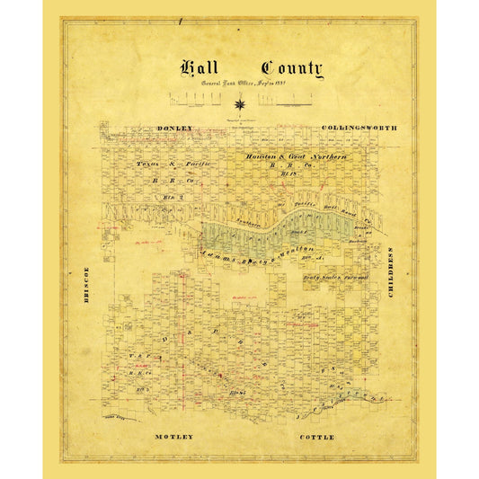 Historic County Map - Hall County Texas - General Land Office 1881 - 23 x 27.98 - Vintage Wall Art