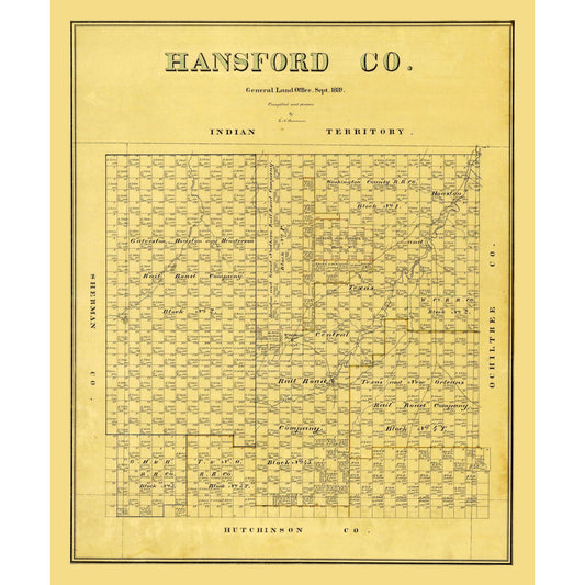 Historic County Map - Hansford County Texas - Beaumont 1889 - 23 x 27.77 - Vintage Wall Art