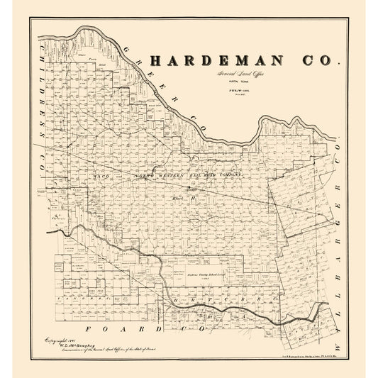 Historic County Map - Hardeman County Texas - McGaughey 1891 - 23 x 24.60 - Vintage Wall Art