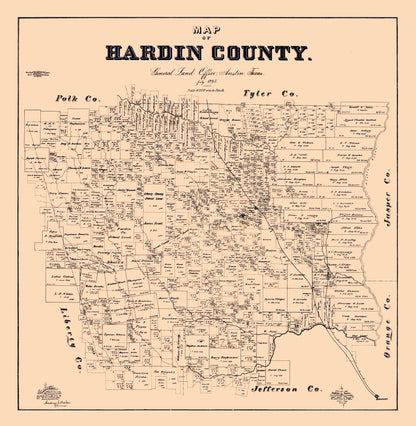 Historic County Map - Hardin County Texas - Baker 1895 - 23 x 23.54 - Vintage Wall Art