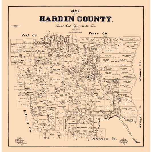 Historic County Map - Hardin County Texas - Baker 1895 - 23 x 23.54 - Vintage Wall Art