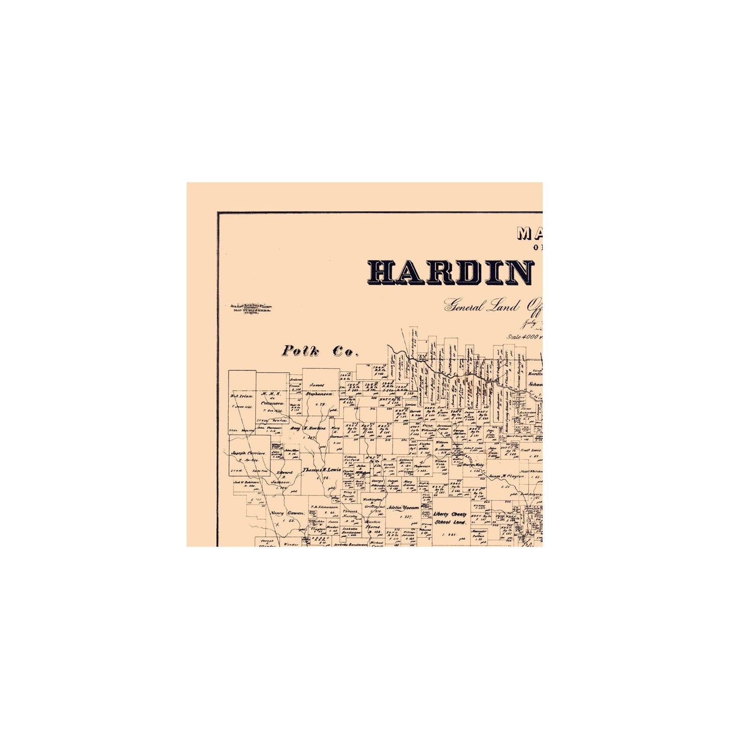 Historic County Map - Hardin County Texas - Baker 1895 - 23 x 23.54 - Vintage Wall Art