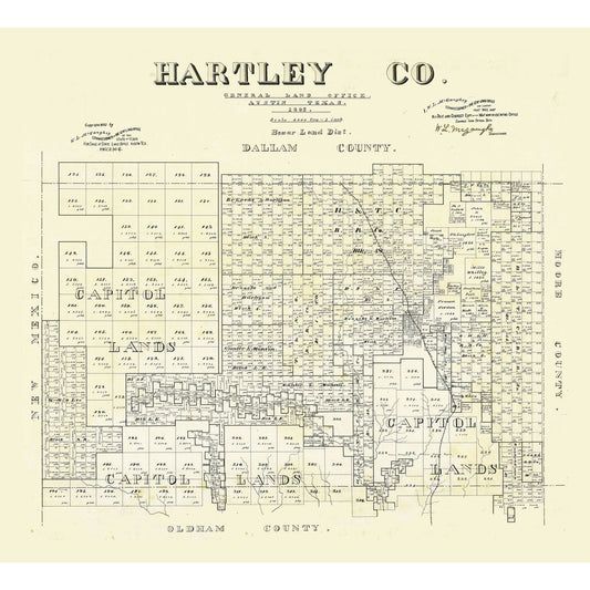 Historic County Map - Hartley County Texas - McGaughey 1892 - 25.35 x 23 - Vintage Wall Art