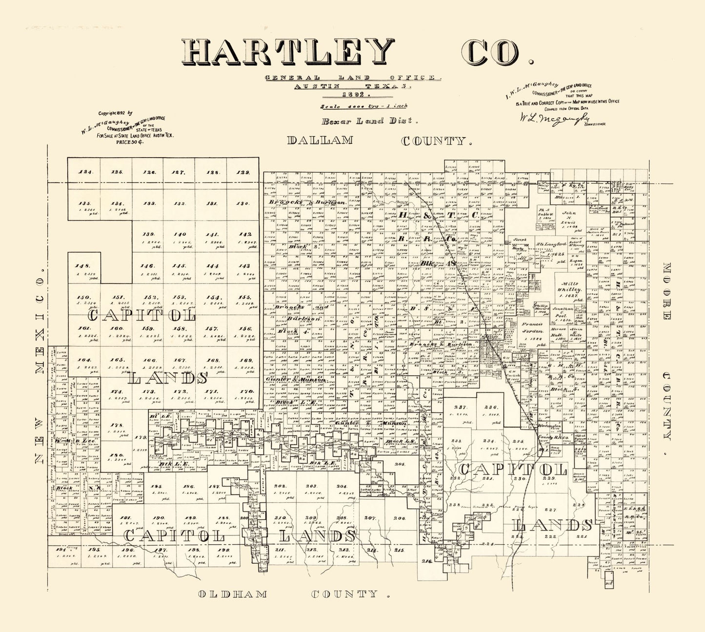 Historic County Map - Hartley County Texas - McGaughey 1882 - 25.65 x 23 - Vintage Wall Art