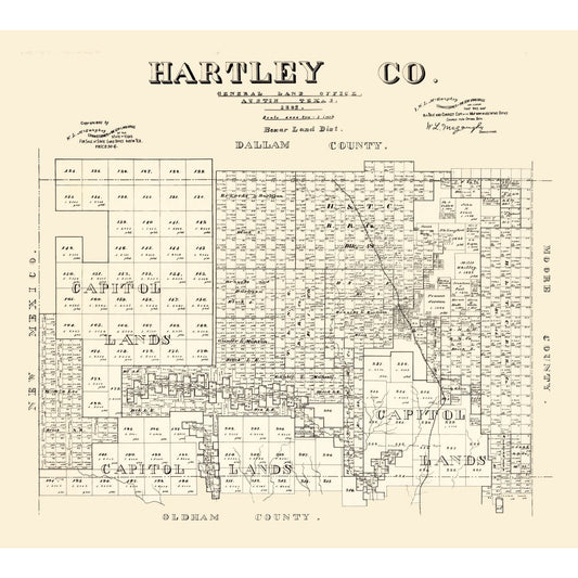 Historic County Map - Hartley County Texas - McGaughey 1882 - 25.65 x 23 - Vintage Wall Art