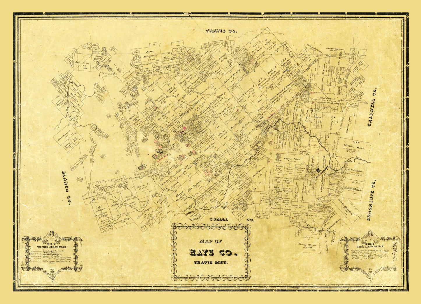 Historic County Map - Hays County Texas - Arlitt 1861 - 31.82 x 23 - Vintage Wall Art