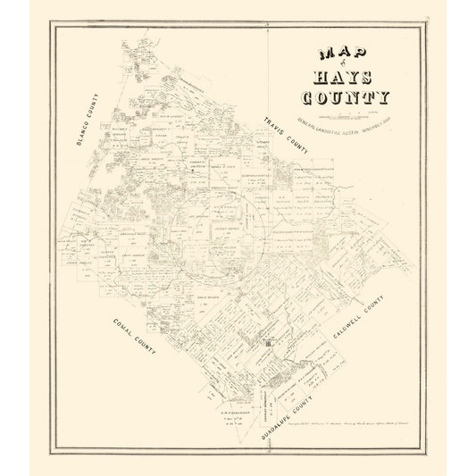Historic County Map - Hays County Texas - Walsh 1880 - 23 x 26.25 - Vintage Wall Art