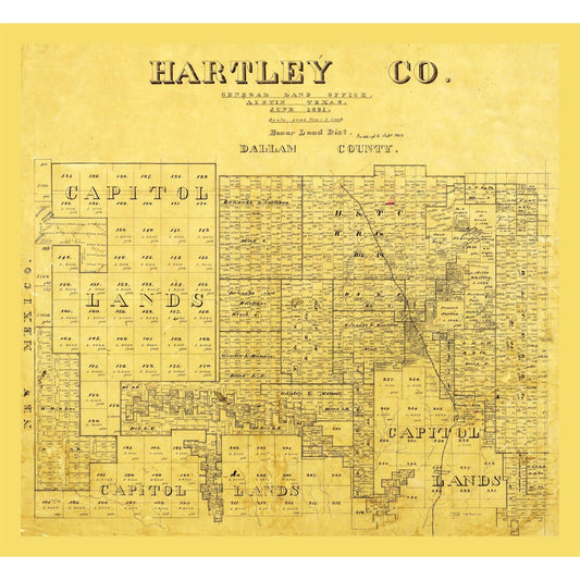 Historic County Map- Hartley County Texas - General Land Office 1891 - Vintage Wall Art
