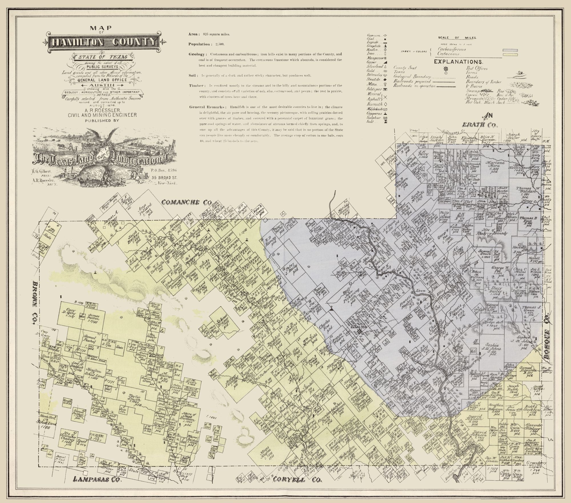 Historic County Map - Hamilton County Texas - Roessler 1876 - 26.12 x ...