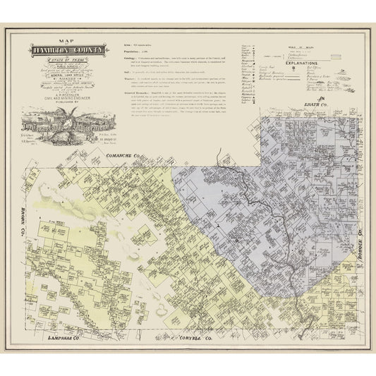Historic County Map - Hamilton County Texas - Roessler 1876 - Vintage Wall Art