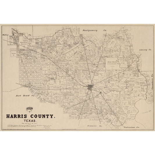 Historic County Map - Harris County Texas - Walsh 1879 - Vintage Wall Art
