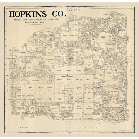 Historic County Map - Hopkins County Texas - Thielepape 1885 - Vintage Wall Art