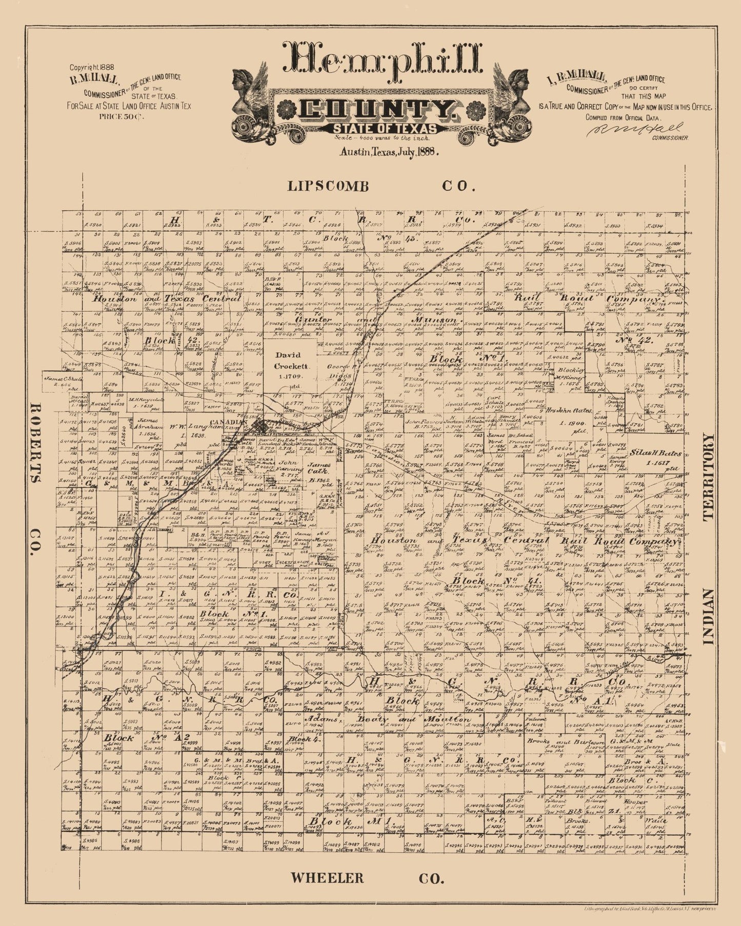 Historic County Map - Hemphill County Texas - Hall 1888 - 23 x 28.74 - Vintage Wall Art