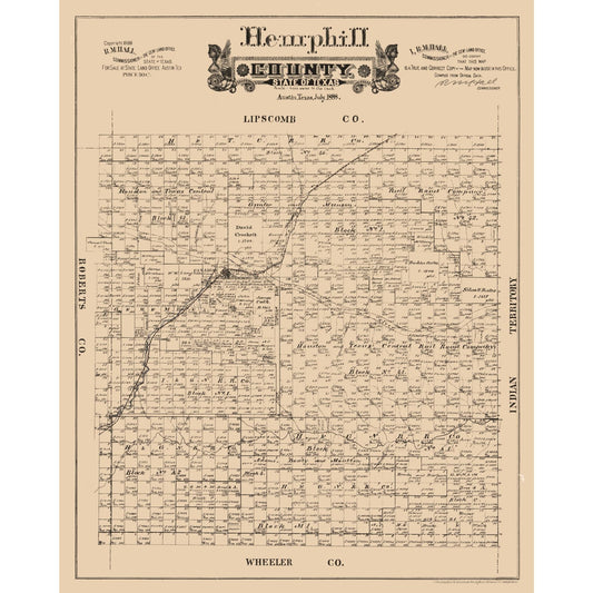 Historic County Map - Hemphill County Texas - Hall 1888 - Vintage Wall Art