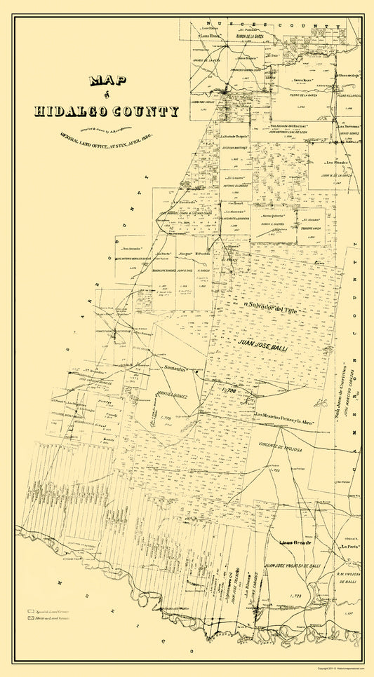 Historic County Map - Hidalgo County Texas - General Land Office 1880 - 23 x 41.70 - Vintage Wall Art