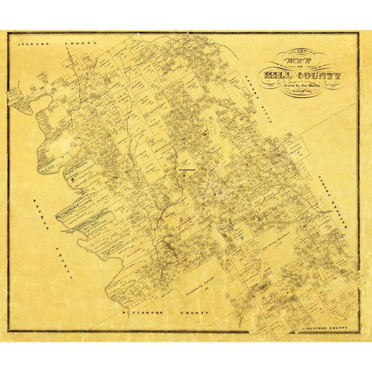 Historic County Map - Hill County Texas - Martin 1857 - 27.42 x 23 - Vintage Wall Art