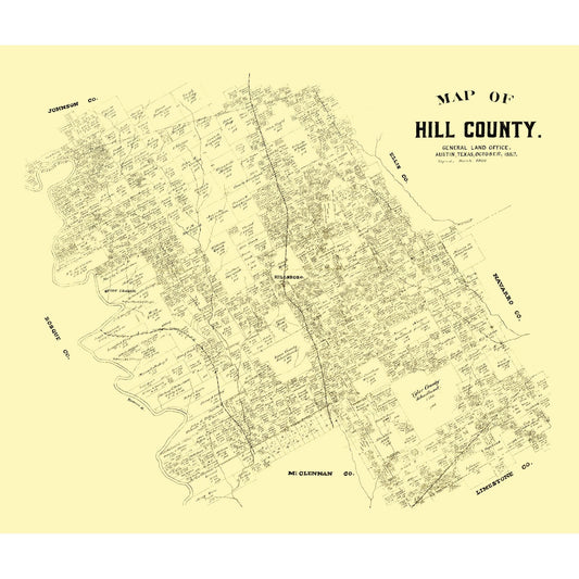 Historic County Map - Hill County Texas - General Land Office 1882 - 27.26 x 23 - Vintage Wall Art