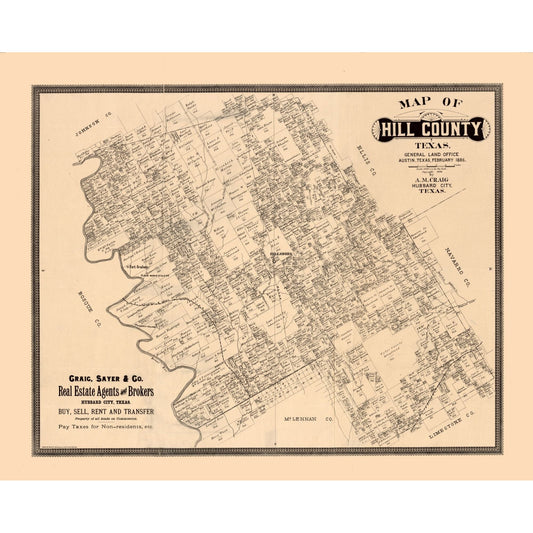 Historic County Map - Hill County Texas - Craig 1886 - Vintage Wall Art