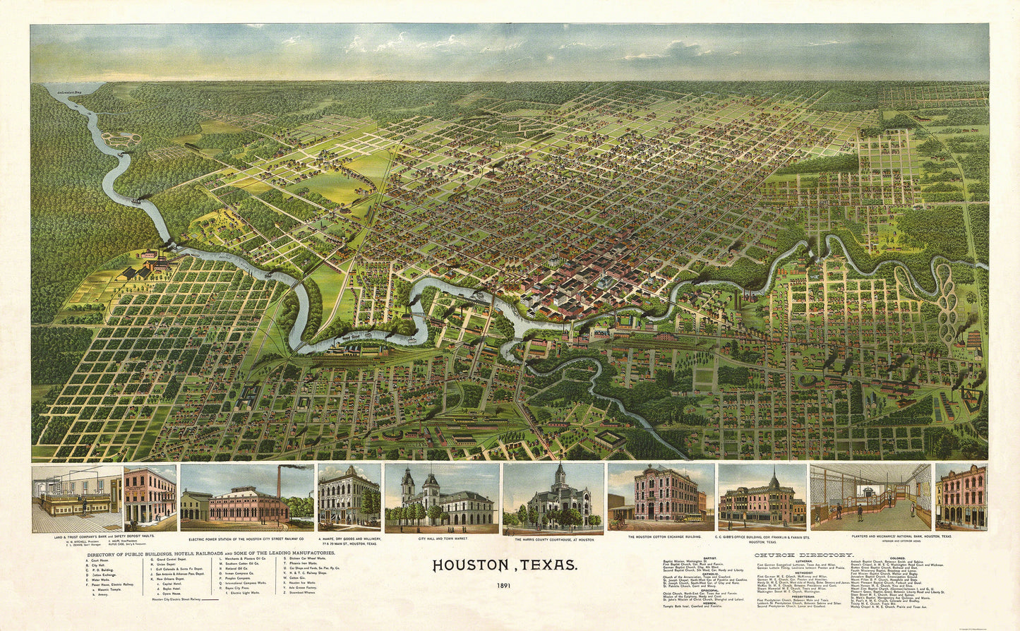 Historic Panoramic View - Houston Texas - 1891 - 37.19 x 23 - Vintage Wall Art