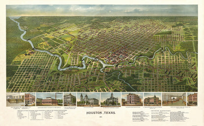 Historic Panoramic View - Houston Texas - 1891 - 37.19 x 23 - Vintage Wall Art