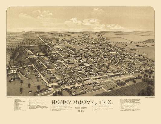 Historic Panoramic View - Honey Grove Texas - Norris 1886 - 23 x 29.89 - Vintage Wall Art