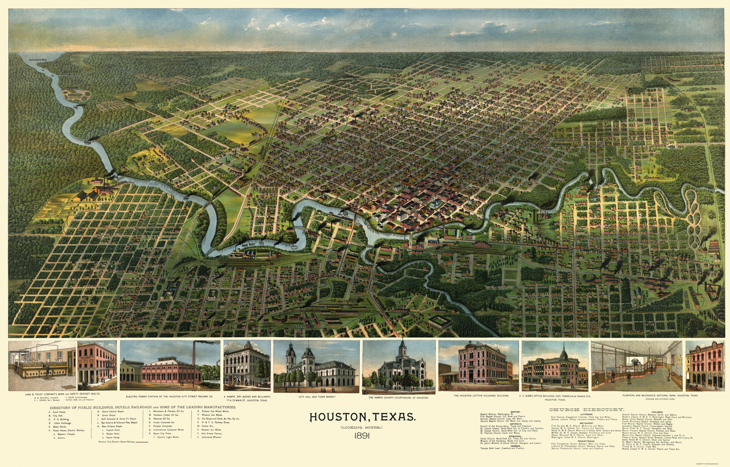 Historic Panoramic View - Houston Texas - Westyard 1891 - 23 x 35.98 - Vintage Wall Art