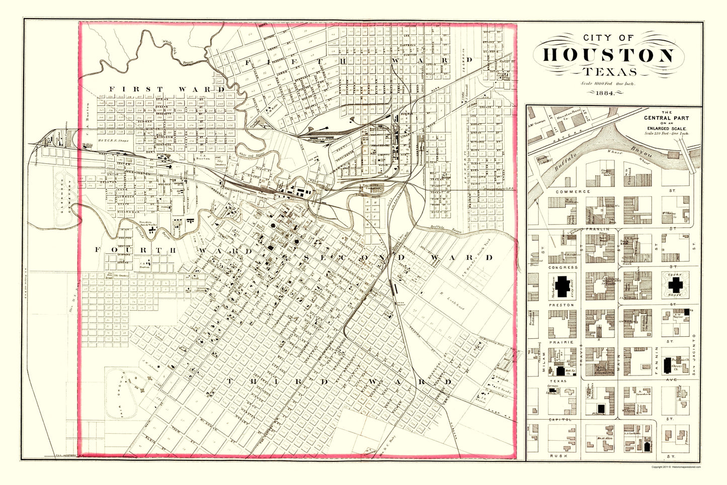 Historic City Map - Houston Texas - 1884 - 23 x 34.46 - Vintage Wall Art