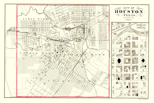 Historic City Map - Houston Texas - 1884 - 23 x 34.46 - Vintage Wall Art