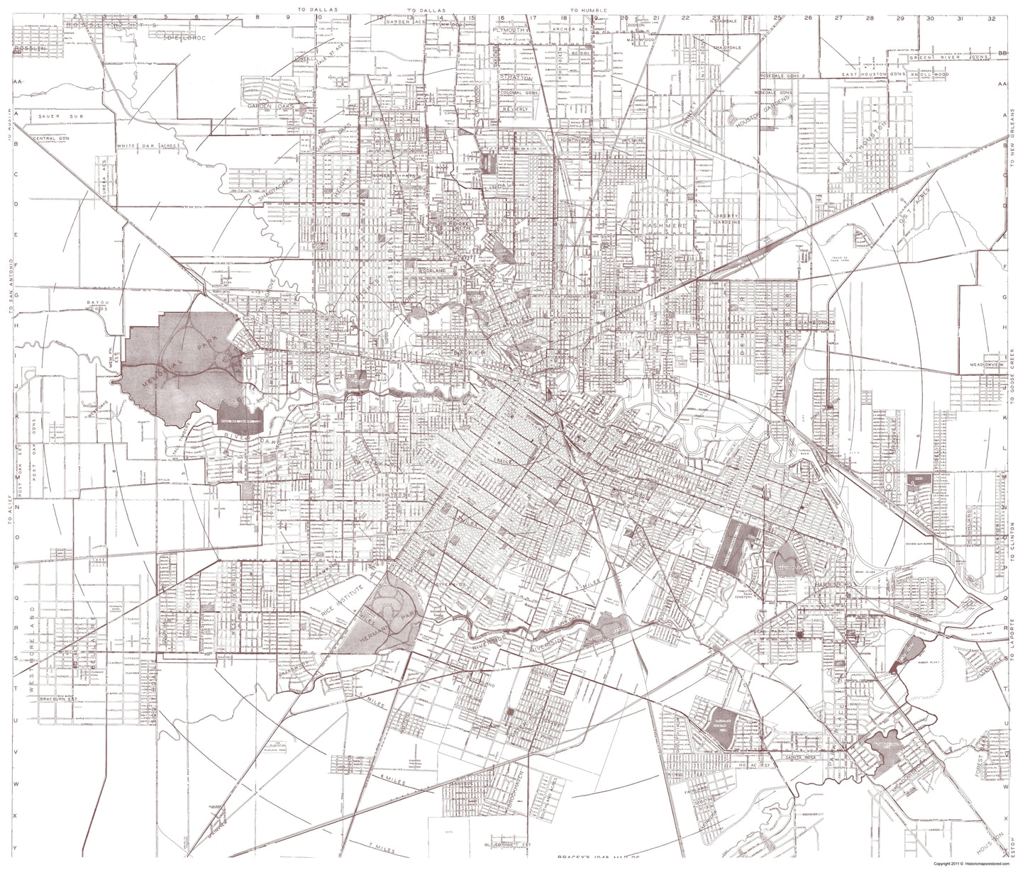 Historic City Map - Houston Texas - Bracey 1945 - 23 x 27.10 - Vintage Wall Art