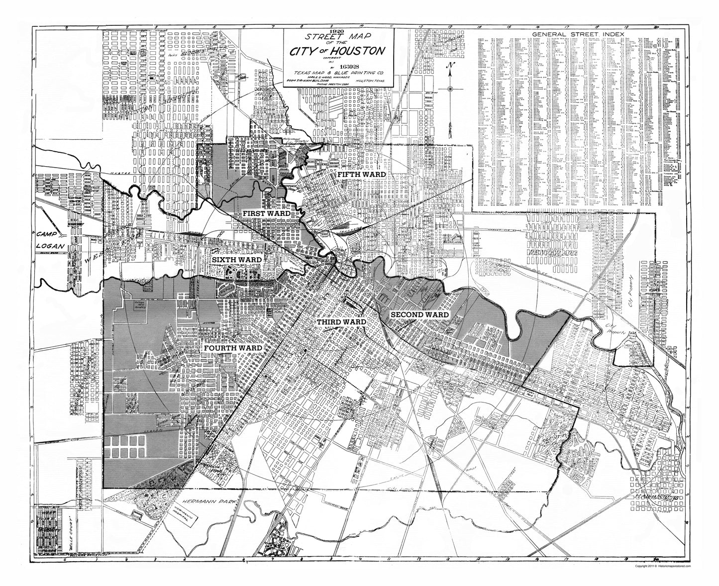 Historic City Map - Houston Texas - Blue 1920 - 23 x 28.21 - Vintage Wall Art