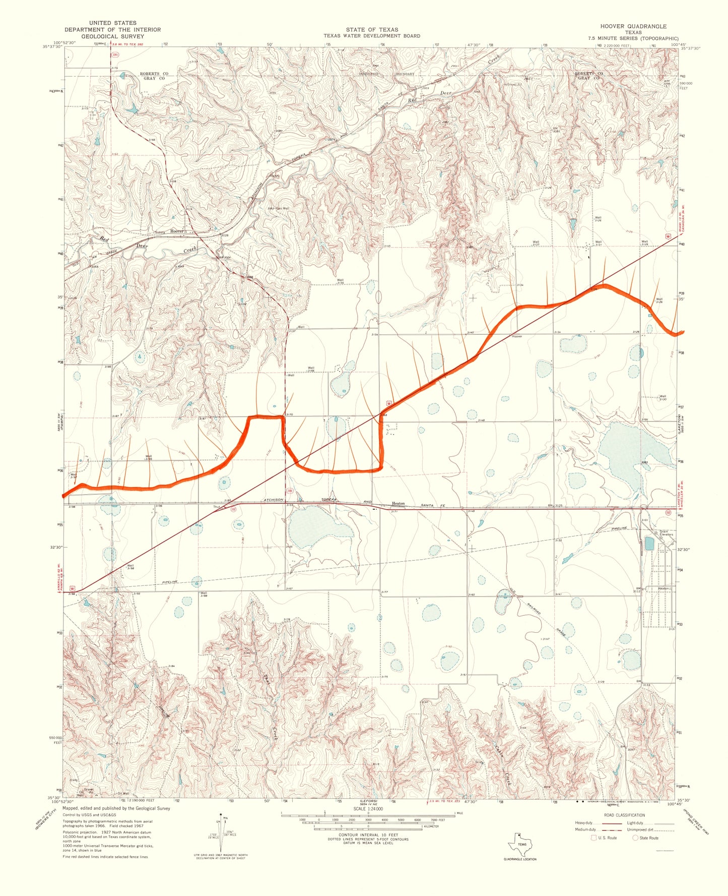 Topographical Map - Hoover Texas Quad - USGS 1969 - 23 x 28.29 - Vintage Wall Art