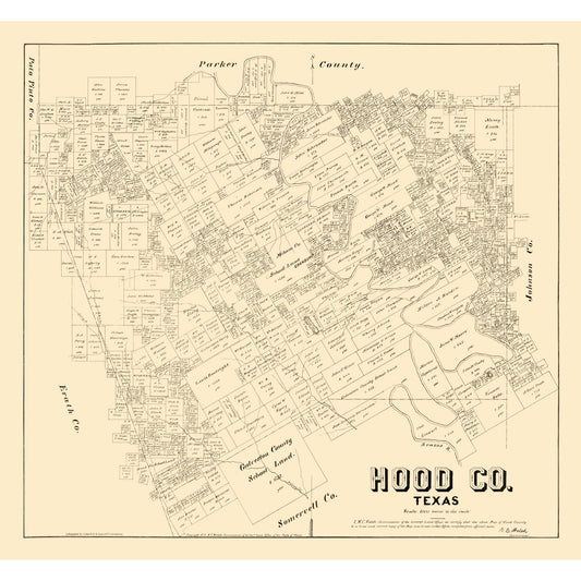 Historic County Map - Hood County Texas - Walsh 1879 - 24.80 x 23 - Vintage Wall Art